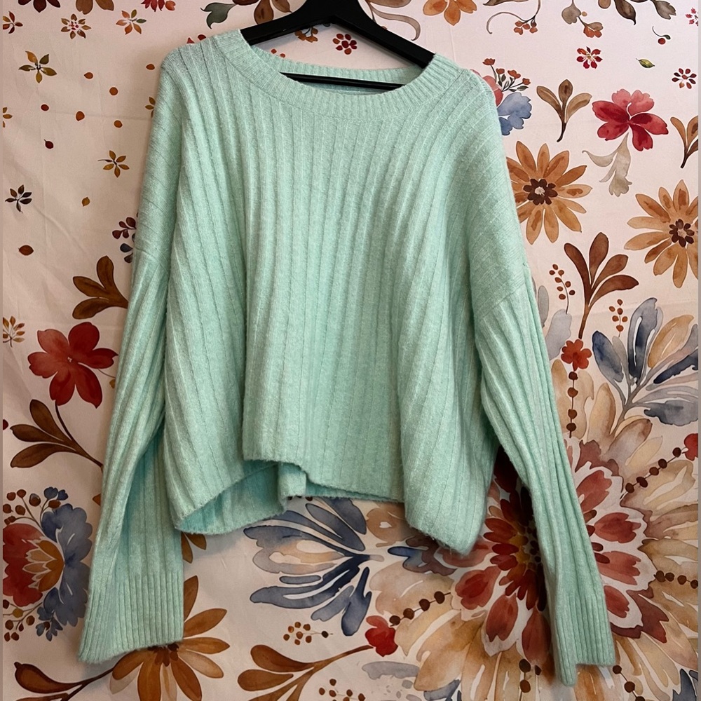American Eagle Women’s L Loose Fit Sweater Cropped Mint Green Long Sleeve Soft